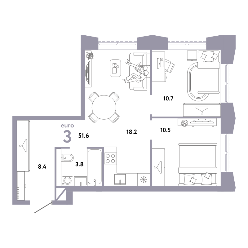 3 ккв (Евро) 51,6 м²