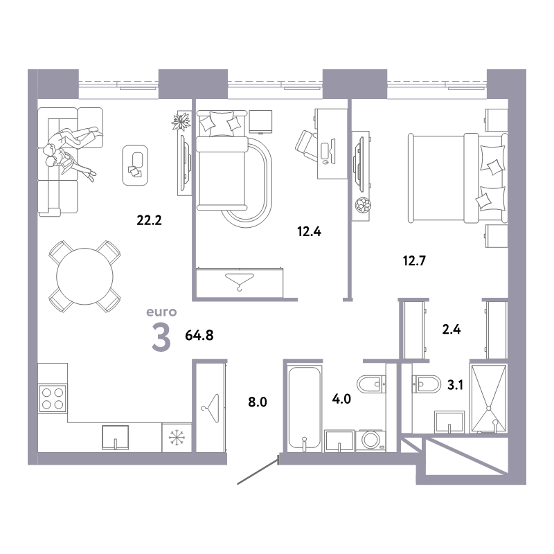 3 ккв (Евро) 64,8 м²
