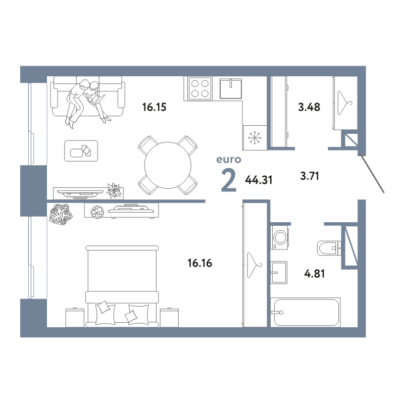 2 ккв (Евро) 44,3 м²