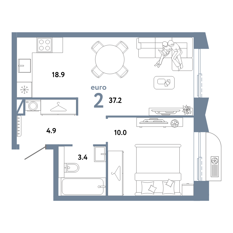 2 ккв (Евро) 37,2 м²