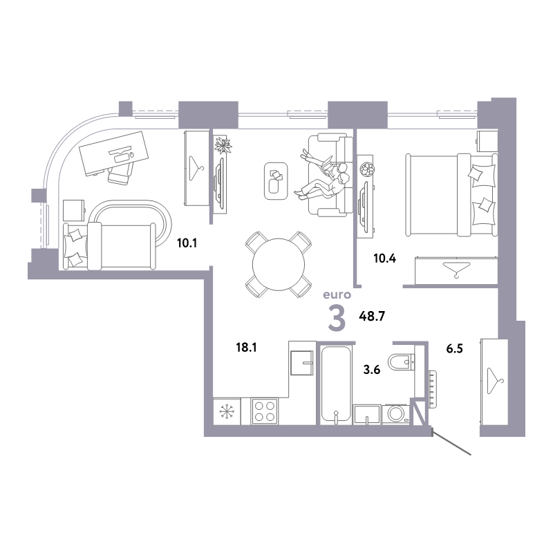 3 ккв (Евро) 48,7 м²