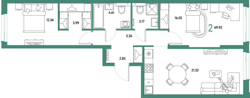 3 ккв (Евро) 69,9 м²