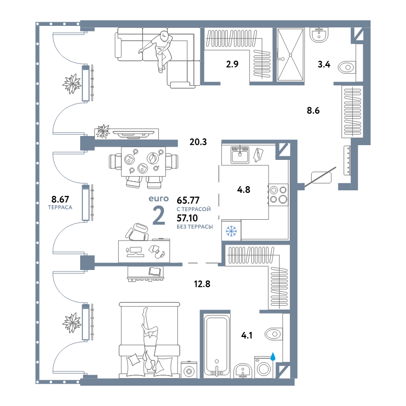 2 ккв (Евро) 65,8 м²