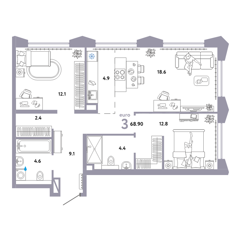 3 ккв (Евро) 68,9 м²