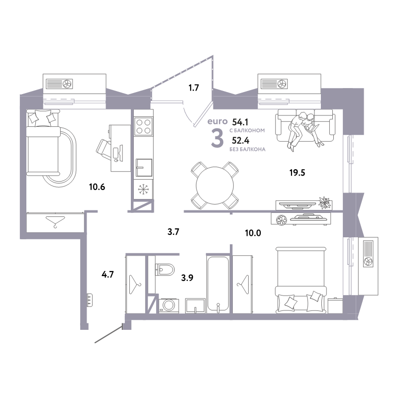 3 ккв (Евро) 54,1 м²