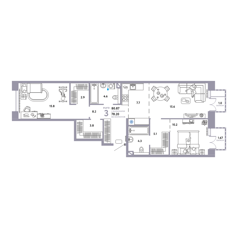 3 ккв (Евро) 80,9 м²