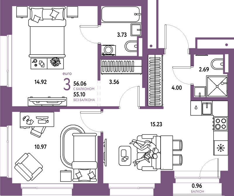 3 ккв (Евро) 56,1 м²