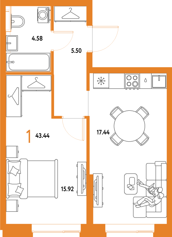 2 ккв (Евро) 43,4 м²