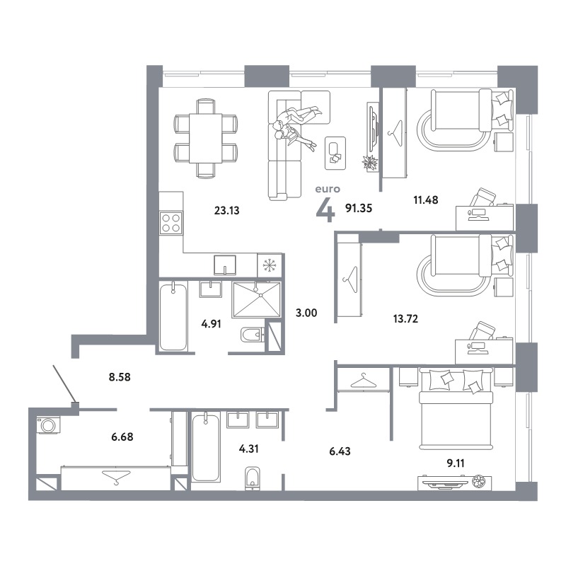 4 ккв (Евро) 91,4 м²