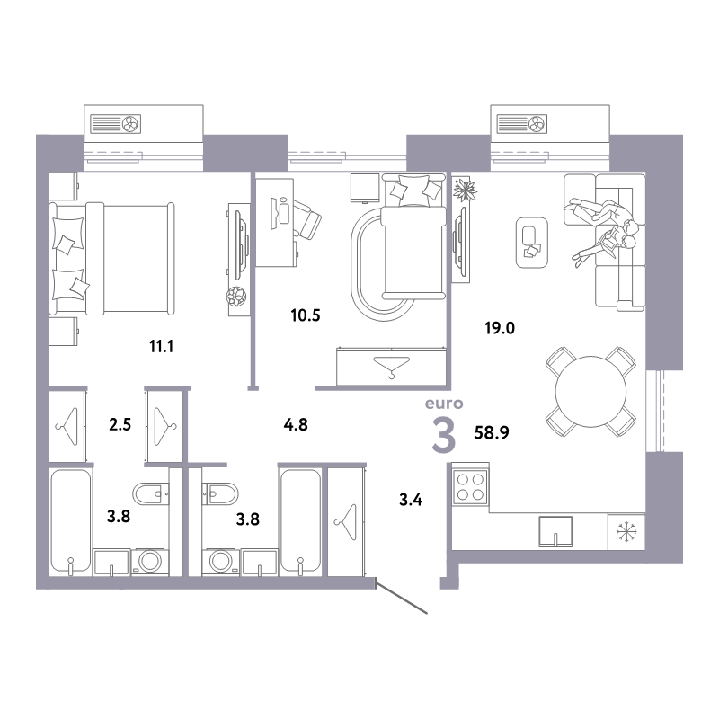 3 ккв (Евро) 58,9 м²