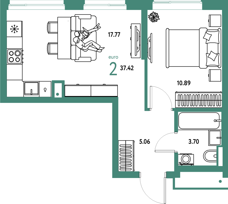 2 ккв (Евро) 37,4 м²