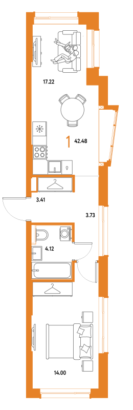 2 ккв (Евро) 42,5 м²