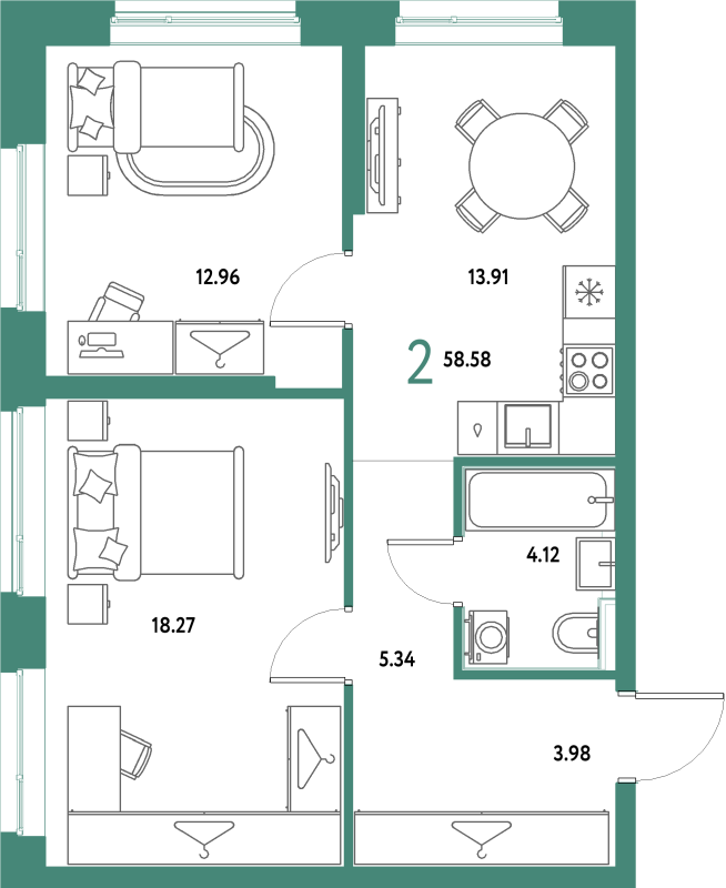 2 ккв 58,6 м²