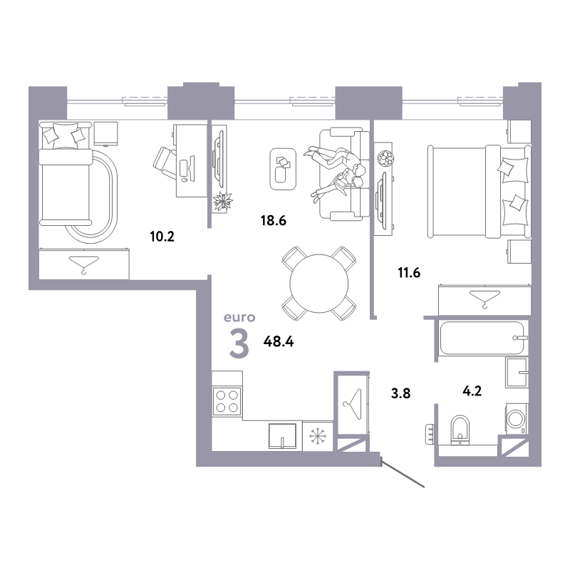 3 ккв (Евро) 48,4 м²