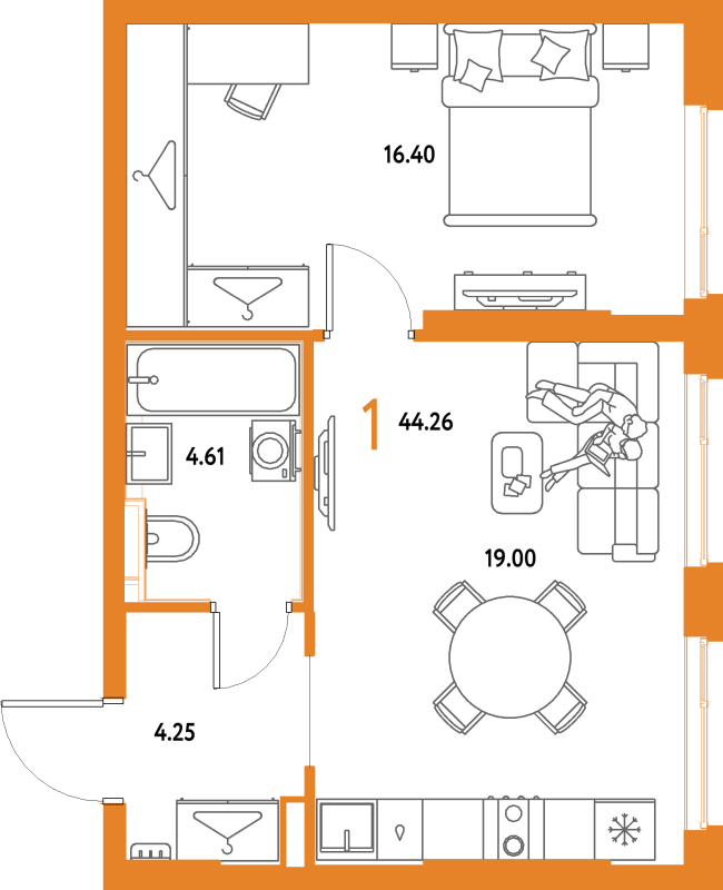 2 ккв (Евро) 44,3 м²