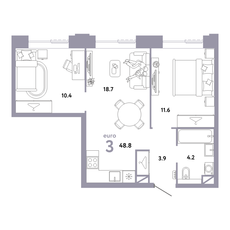 3 ккв (Евро) 48,8 м²