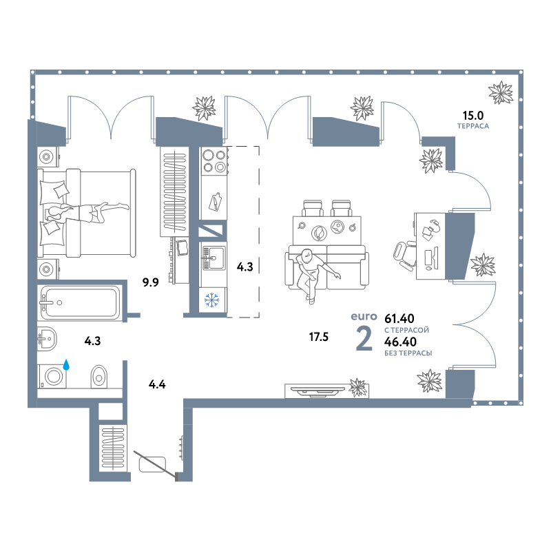 2 ккв (Евро) 61,4 м²