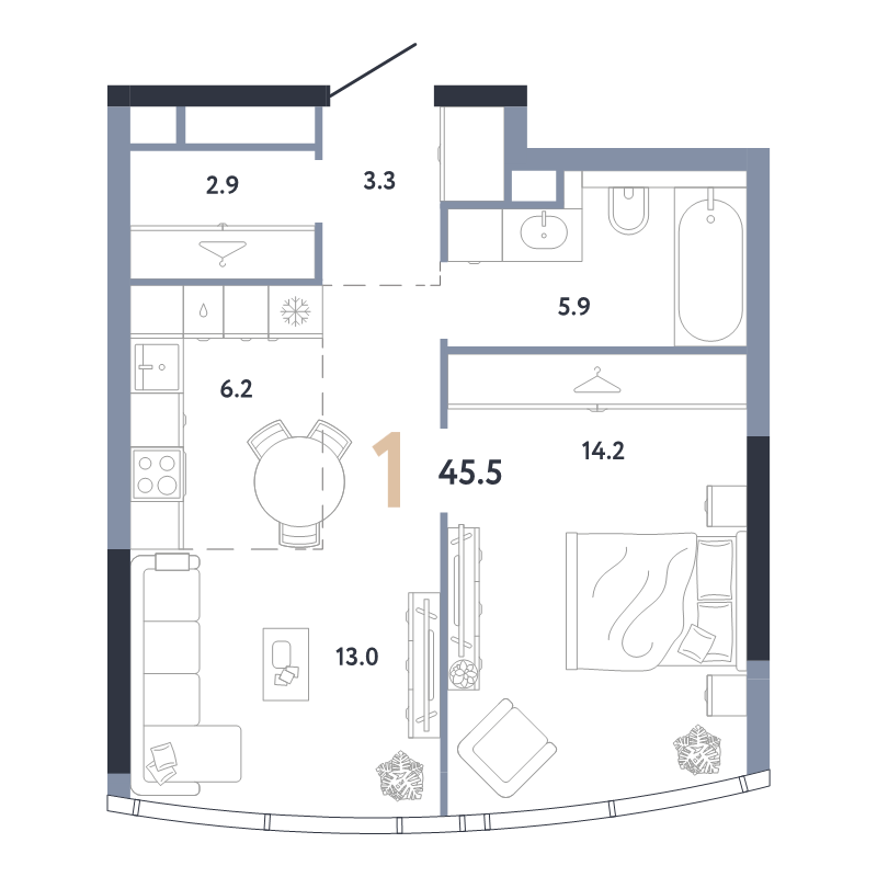 2 ккв (Евро) 45,5 м²