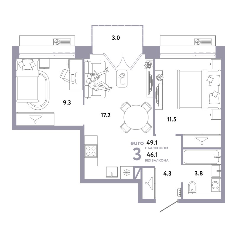 3 ккв (Евро) 49,1 м²
