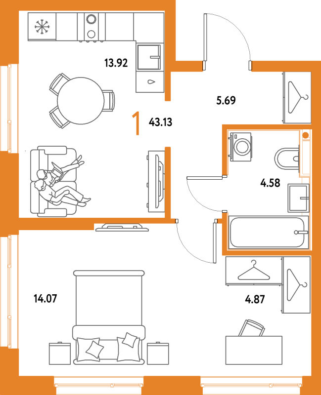 1 ккв 43,1 м²