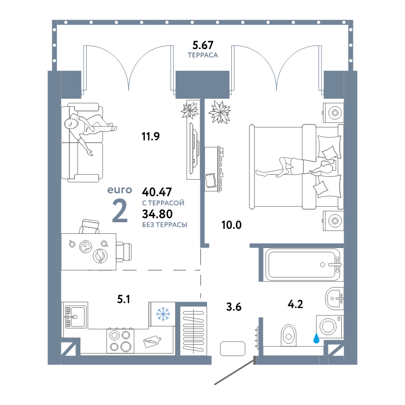 2 ккв (Евро) 40,5 м²