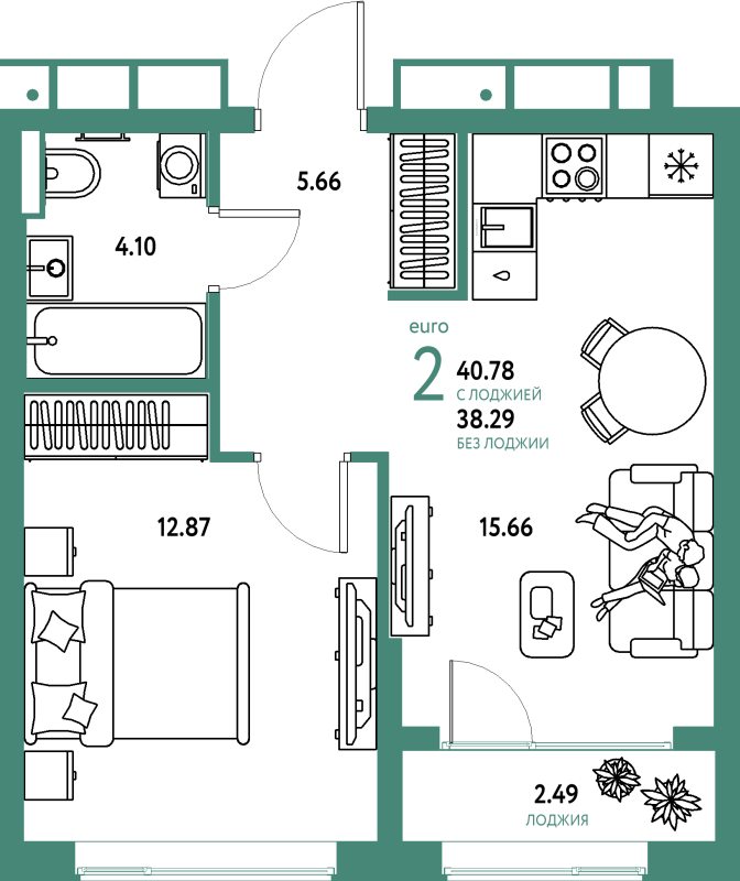 2 ккв (Евро) 40,8 м²