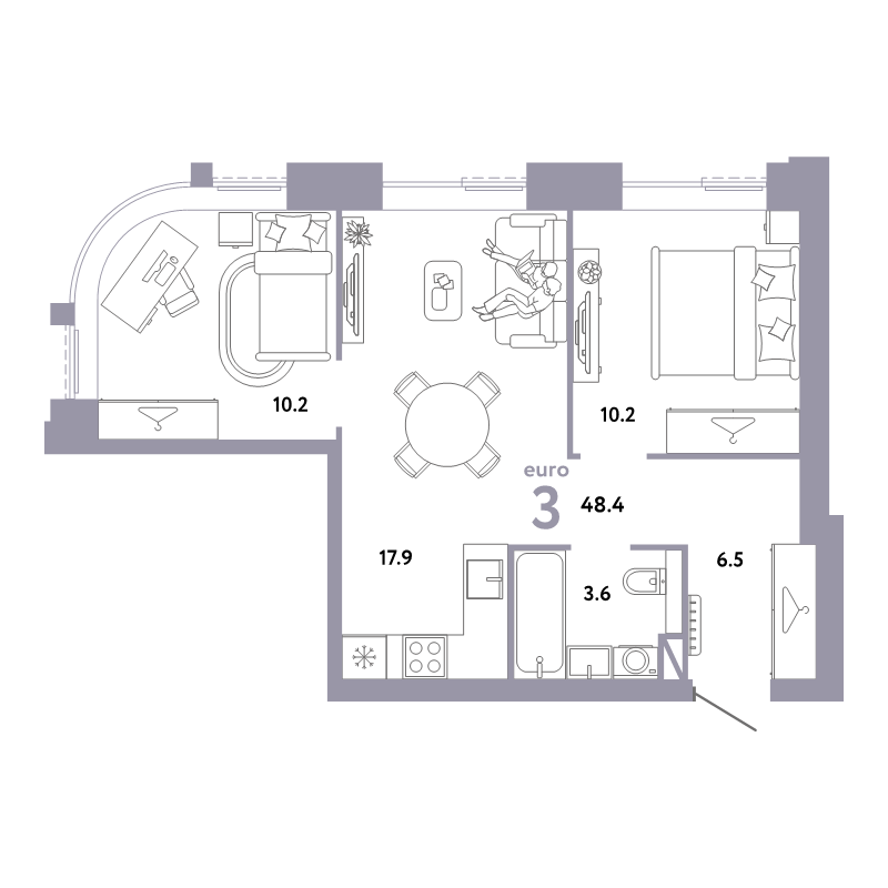 3 ккв (Евро) 48,4 м²