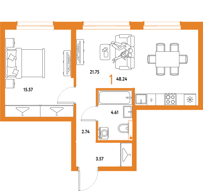 2 ккв (Евро) 48,2 м²