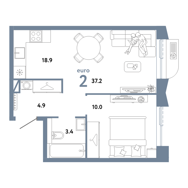 2 ккв (Евро) 37,2 м²