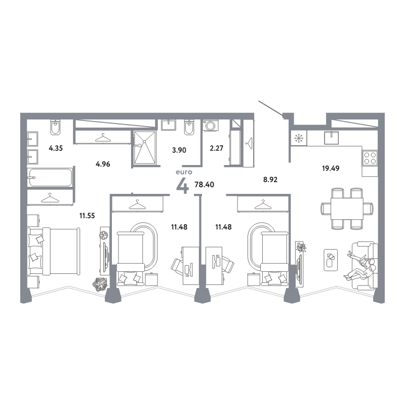 4 ккв (Евро) 78,4 м²