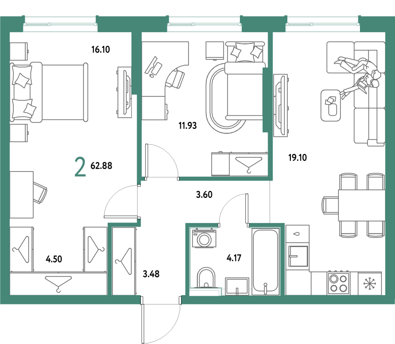 3 ккв (Евро) 62,9 м²