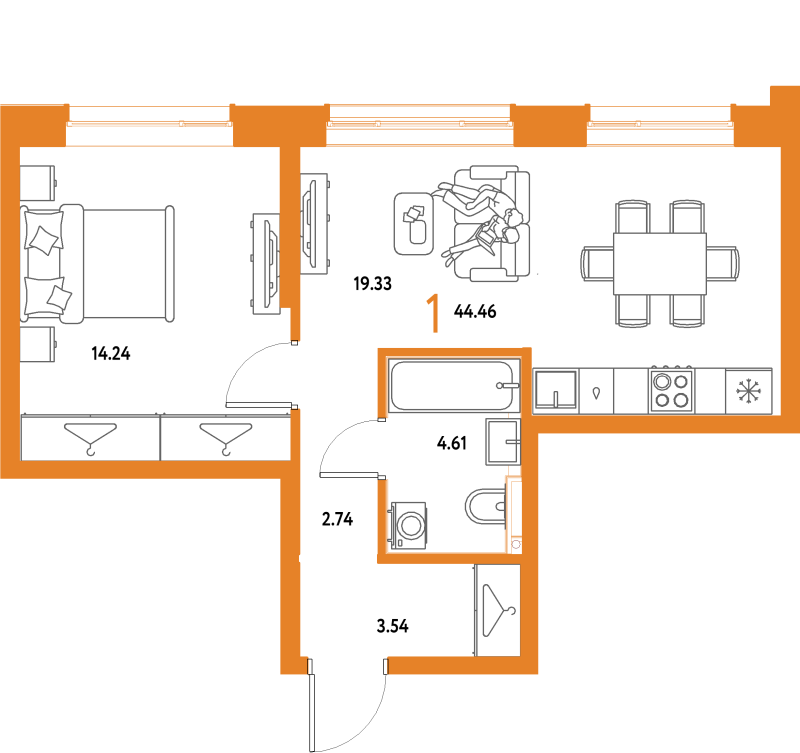 2 ккв (Евро) 44,5 м²