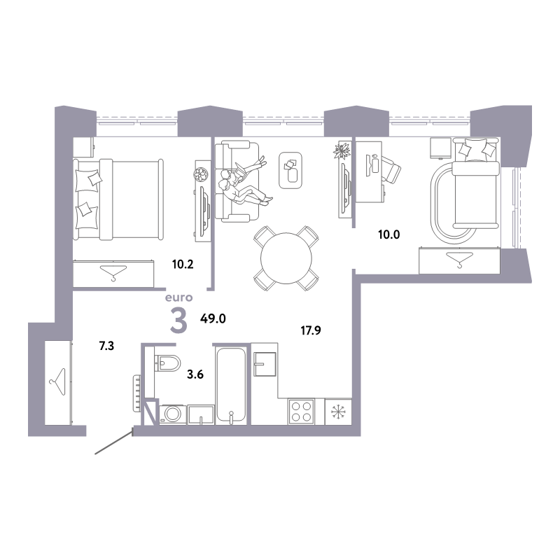 3 ккв (Евро) 49 м²