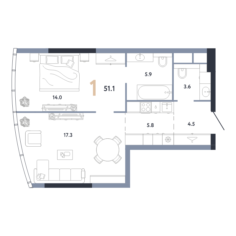 2 ккв (Евро) 51,1 м²