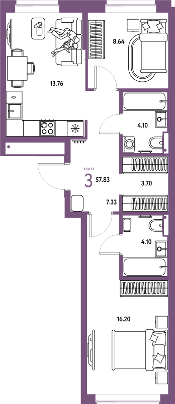 2 ккв 57,8 м²