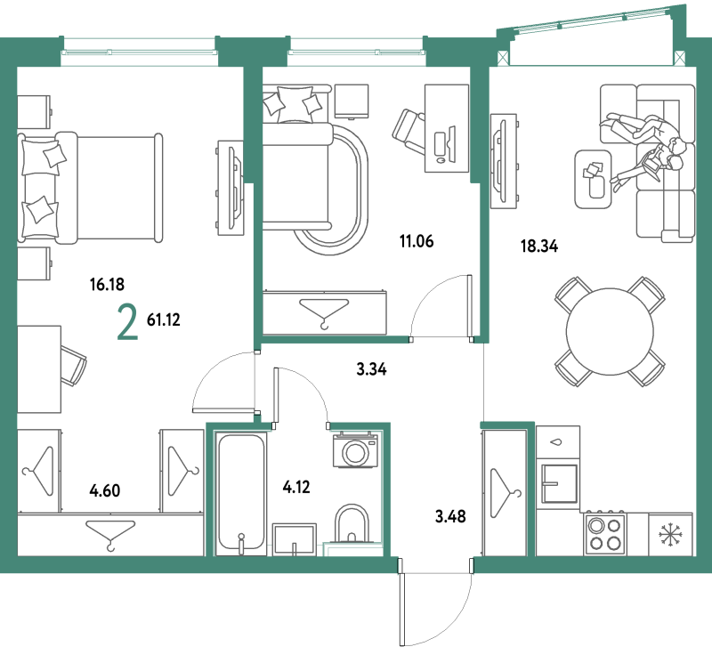 3 ккв (Евро) 61,1 м²