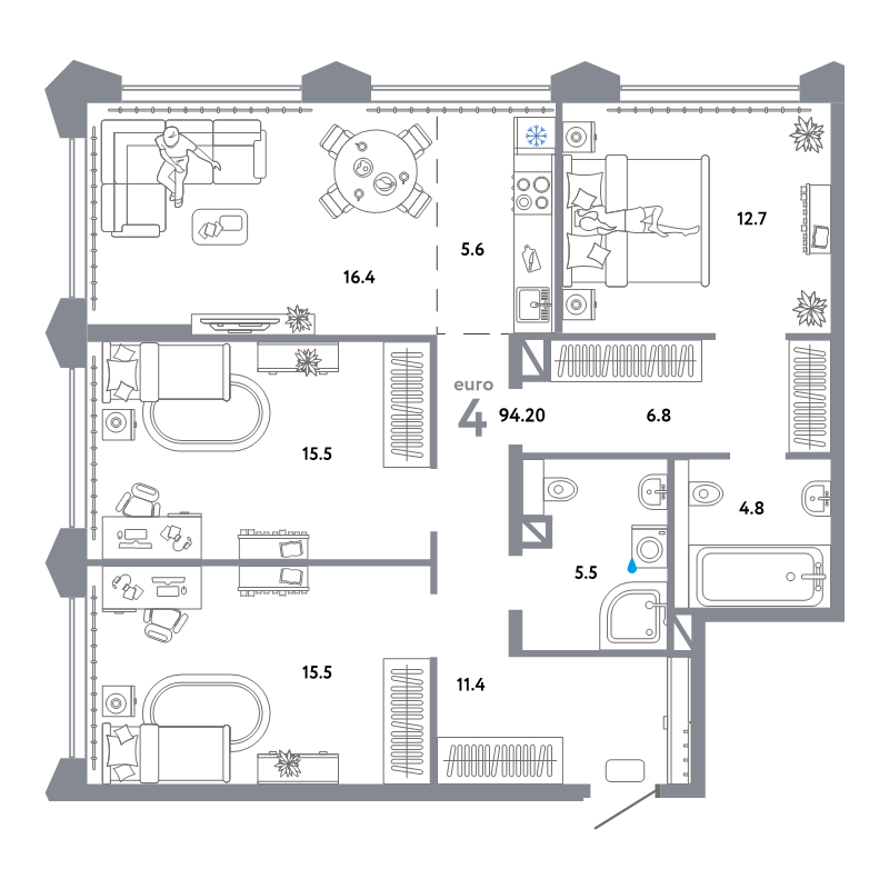 4 ккв (Евро) 94,2 м²