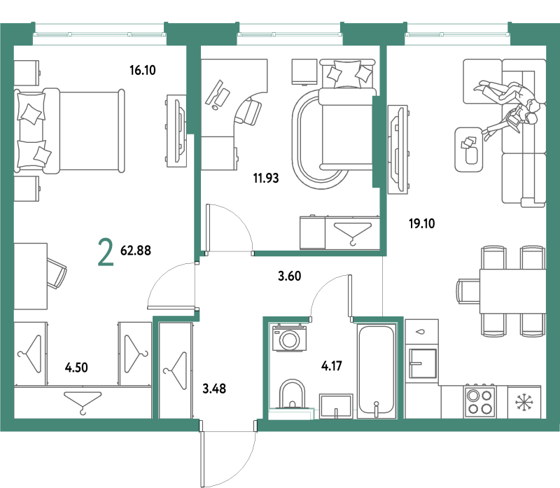 3 ккв (Евро) 62,9 м²
