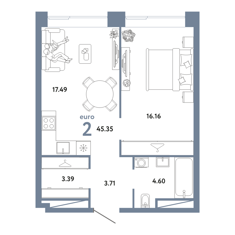 2 ккв (Евро) 45,4 м²