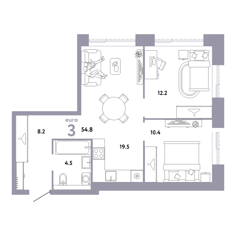 3 ккв (Евро) 54,8 м²
