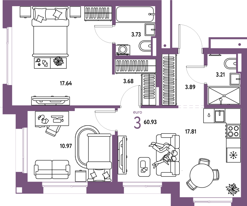 3 ккв (Евро) 60,9 м²