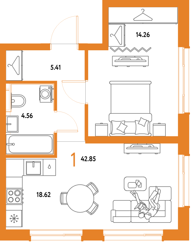 2 ккв (Евро) 42,9 м²