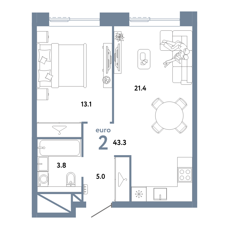 2 ккв (Евро) 43,3 м²