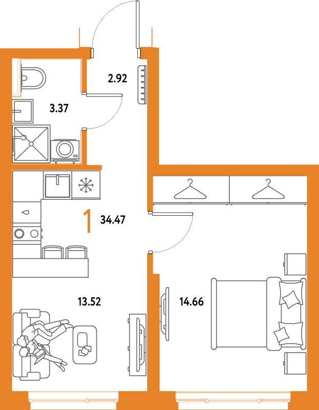 1 ккв 34,5 м²