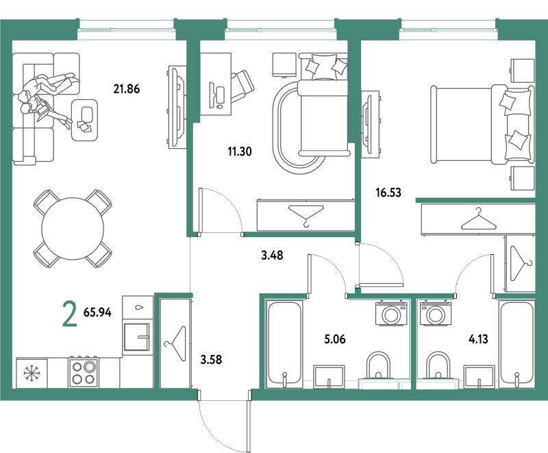 3 ккв (Евро) 65,9 м²