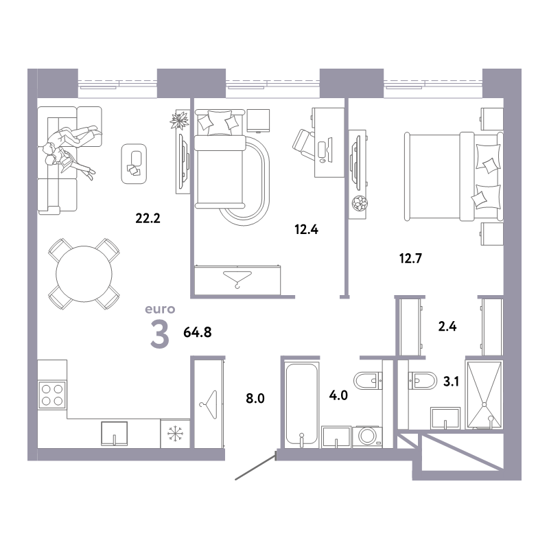 3 ккв (Евро) 64,8 м²