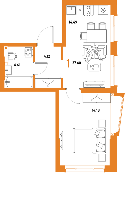 1 ккв 37,4 м²
