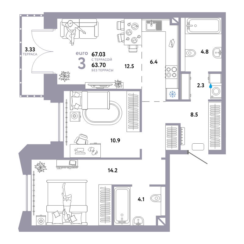 3 ккв (Евро) 67 м²