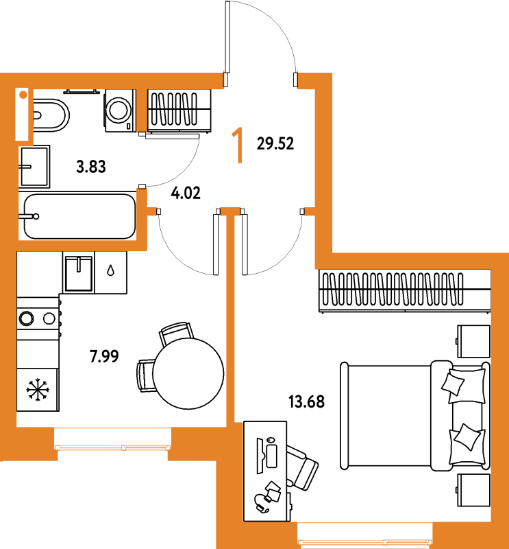 1 ккв 29,5 м²