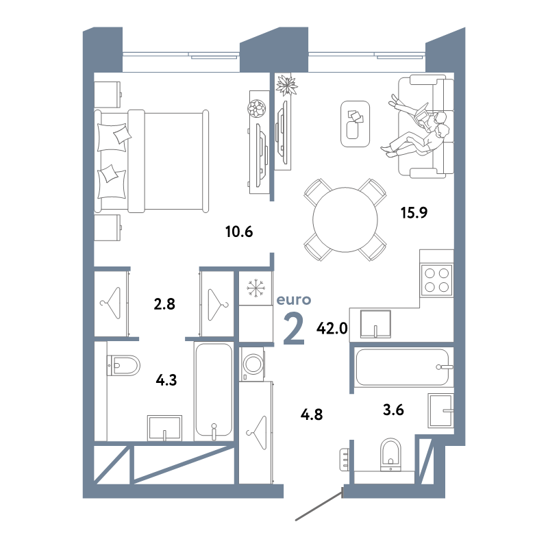 2 ккв (Евро) 42 м²